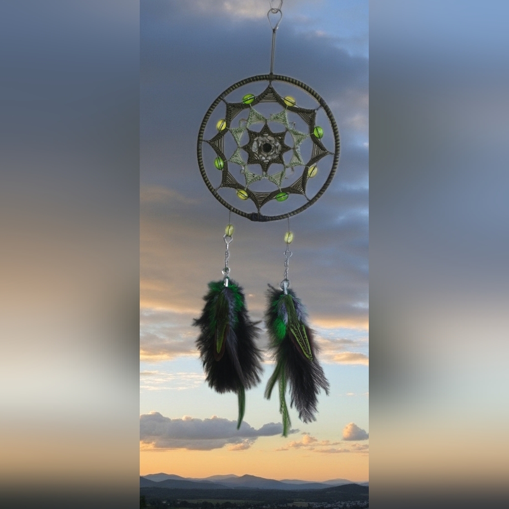 New Handmade Green and Black Authentic Feather Dreamcatcher With Glass Beads